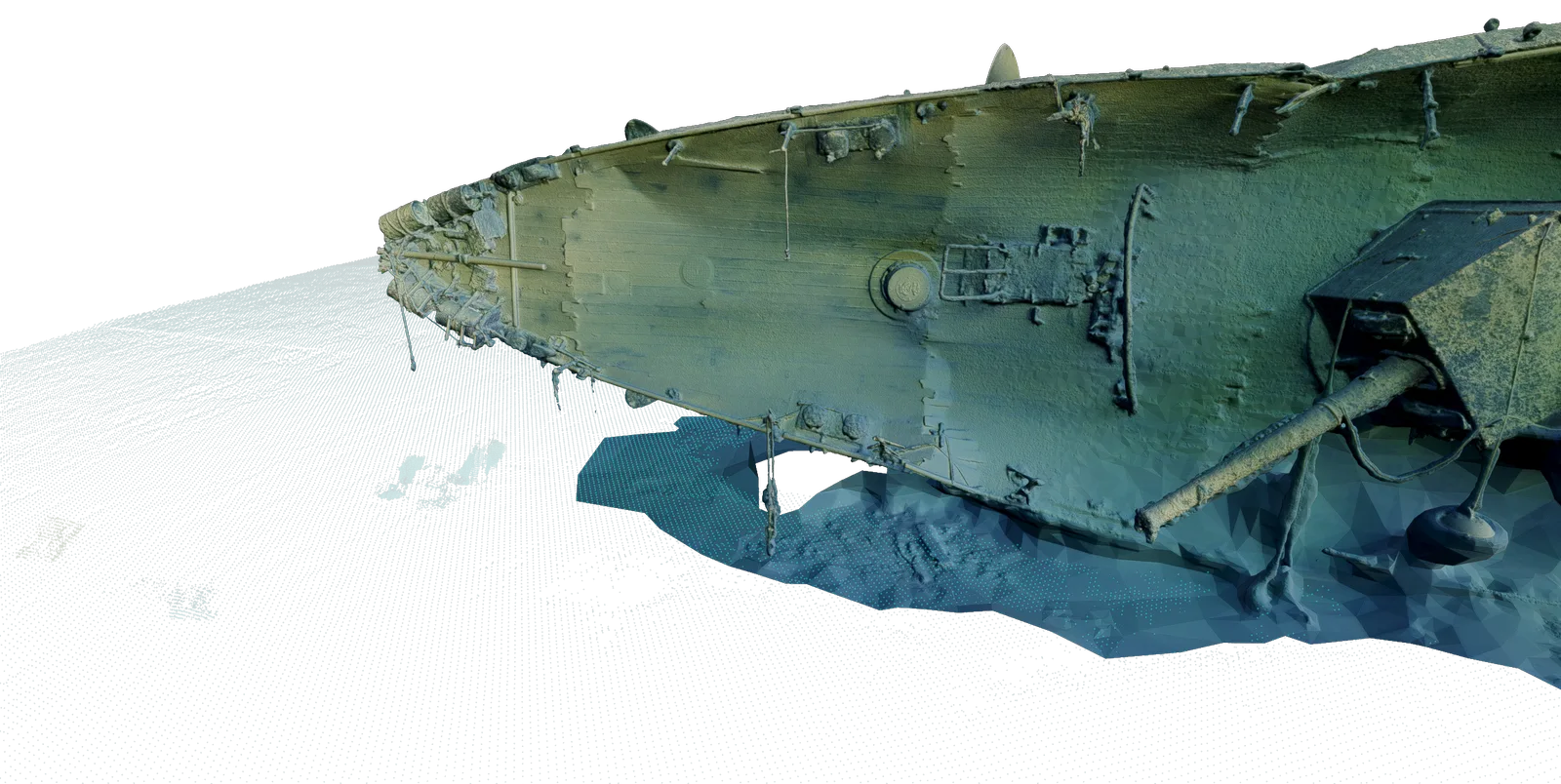 Fotogrammetrisk 3D-modell av HMS Cassandras akter med sjunkbomber synliga vid relingen till vänster i bild