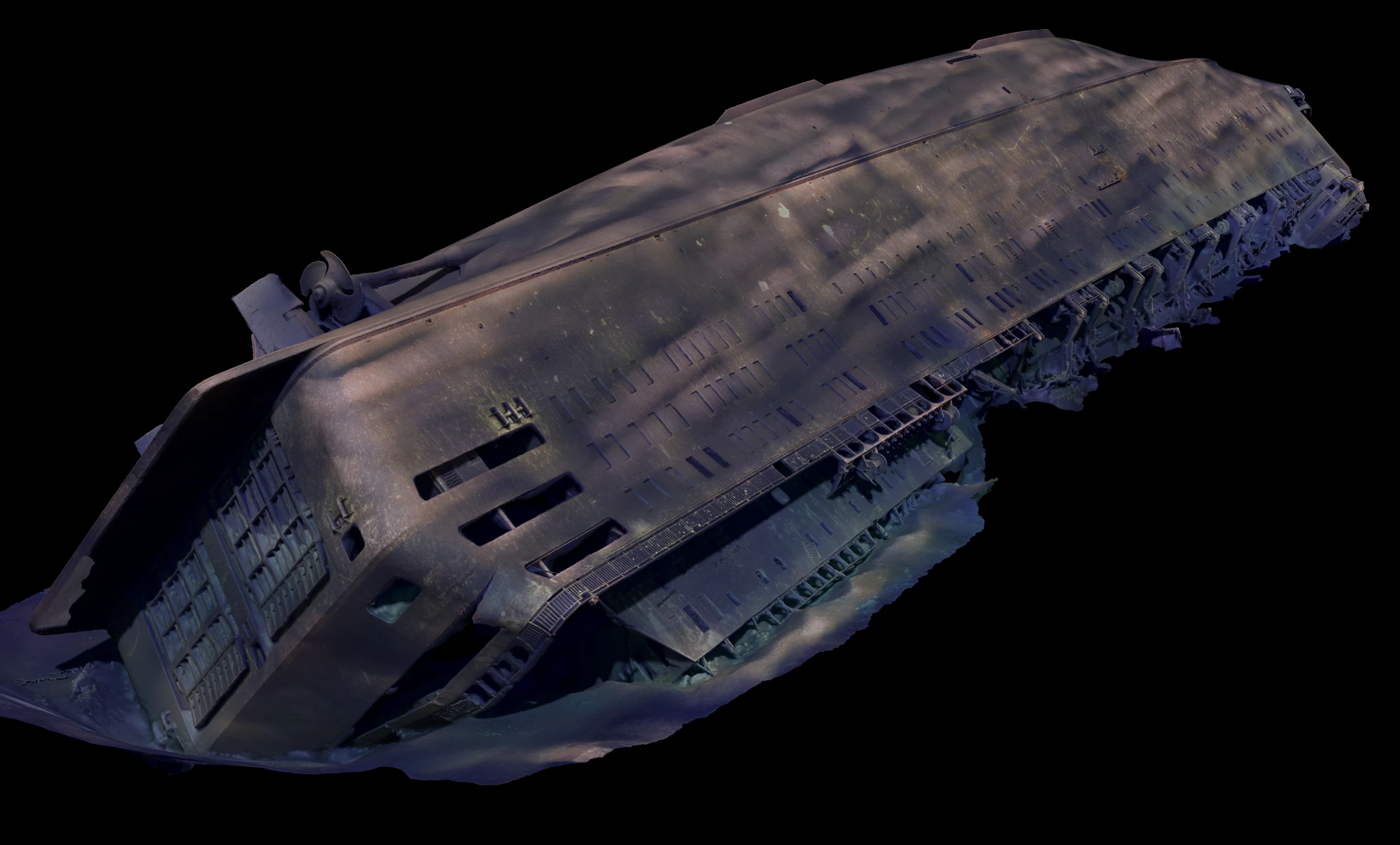 Ocean Discoverys fotogrammetriska 3D-modell av M/S Estonias akter med dokumenterade skador utpekade